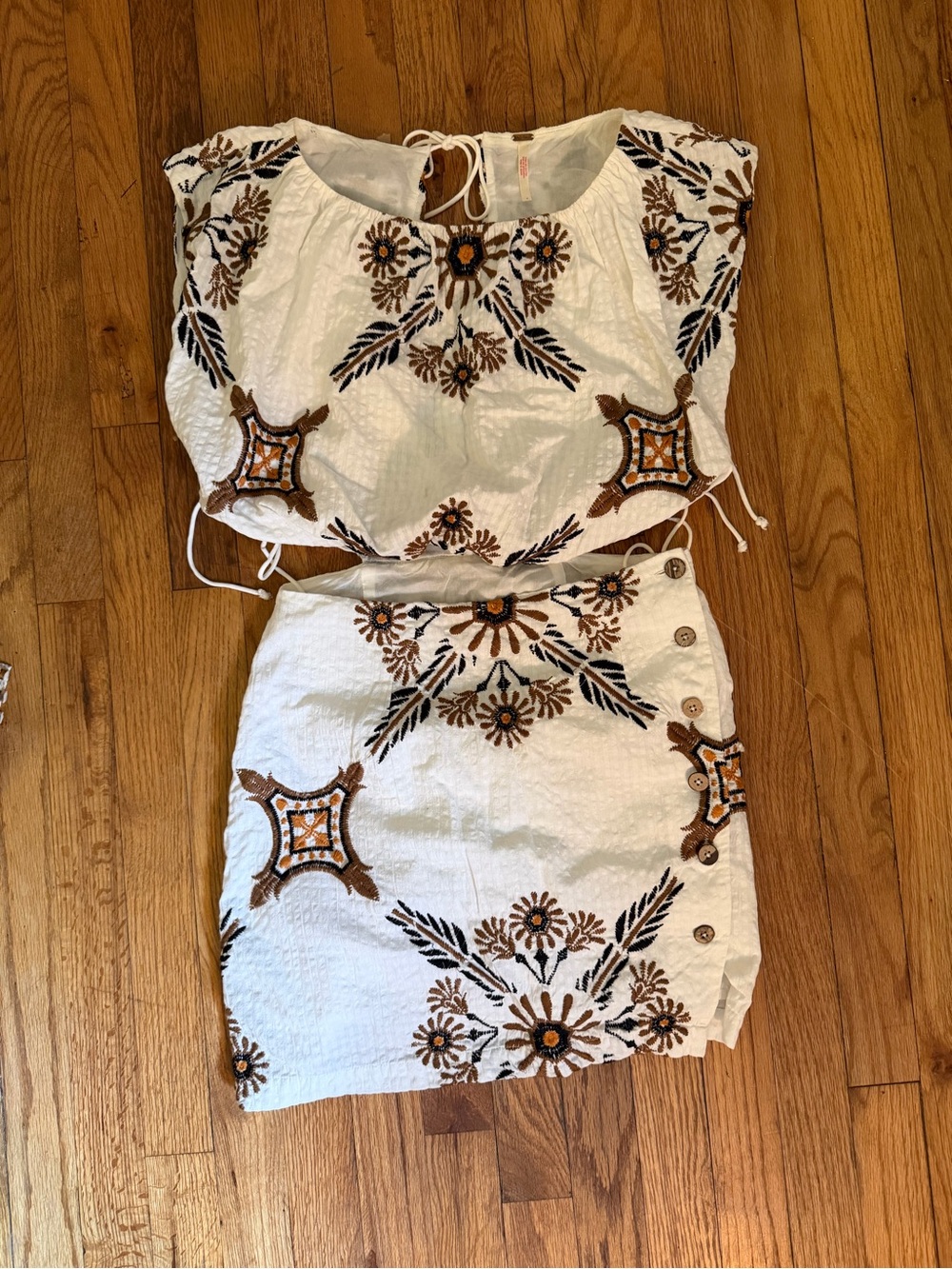 Free People White Embroidered Mini Dress Brown and Navy Accents